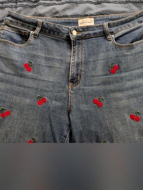 Embroidered Cherry Denim Jeans - Women's Blue